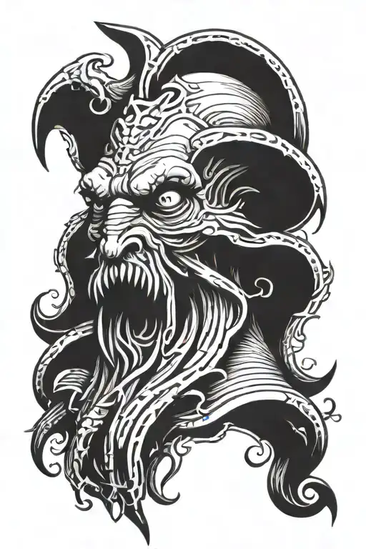 Sketch Of A Cthulhu Head Tattoo Without Wings With A Pentagram In The Background