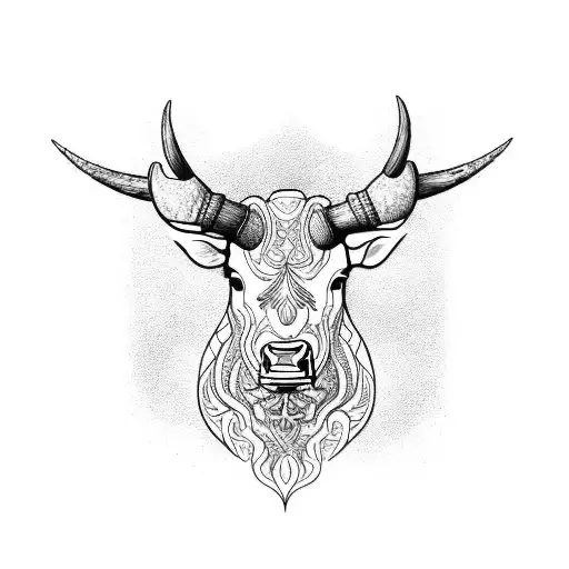 A Blackwork Tattoo Of A Bull's Head With Intricate Plant Patterns Forming The Horns