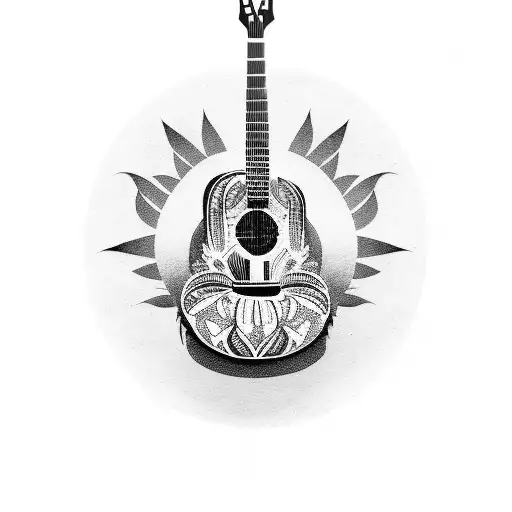 A Blackwork Tattoo Of A Country Music Guitar Surrounded By Native American Symbols