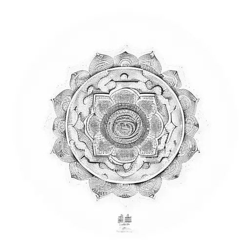 A Mandala Design Incorporating Tibetan Script And Mountains