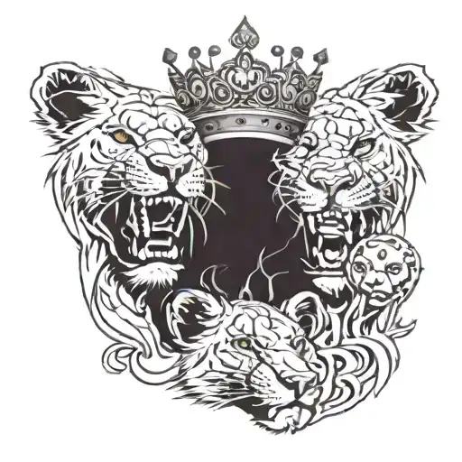 Lioness And 3 Cub Faces Bloody Mouth With Crown On Head