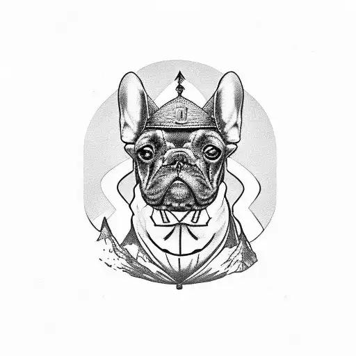 A French Bulldog Wearing A Military Helmet With Mountains As The Background
