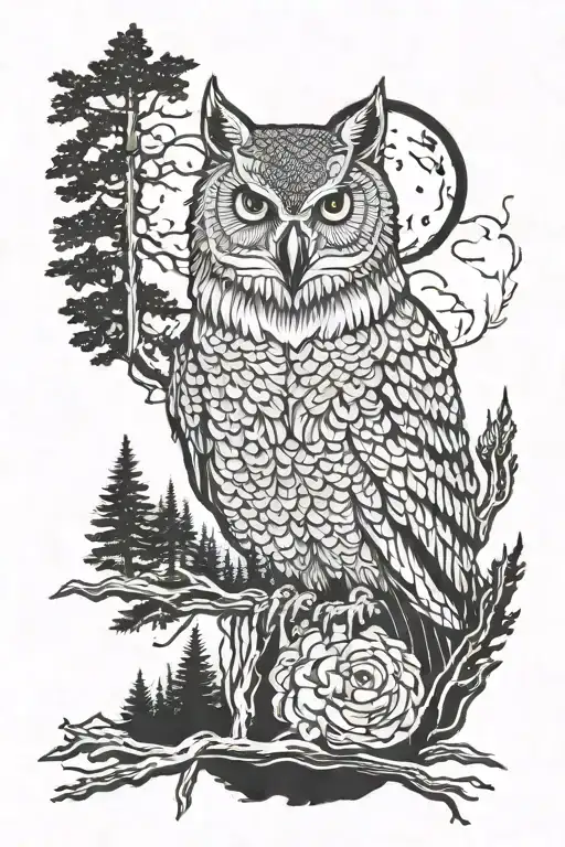 Owl Wolf And Forest Scene