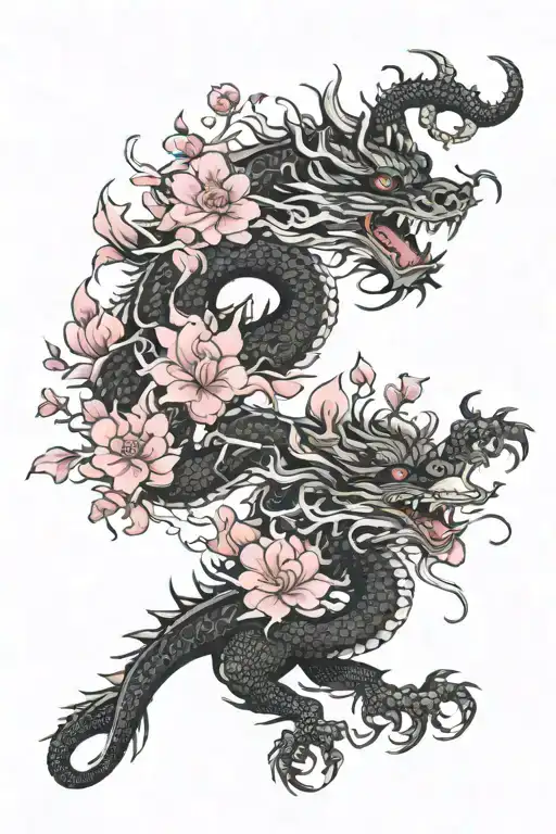 Black China Dragons Long And Pink Flowers Blooming