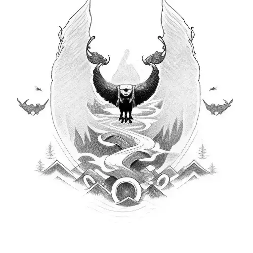 Odin Con Cuervos En Un Lago Con Un Barco Vikingo Ardiendo