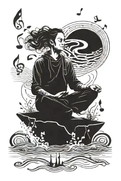 A Surreal Scene Of A Person Meditating On A Beach With Music Notes Floating Around Them