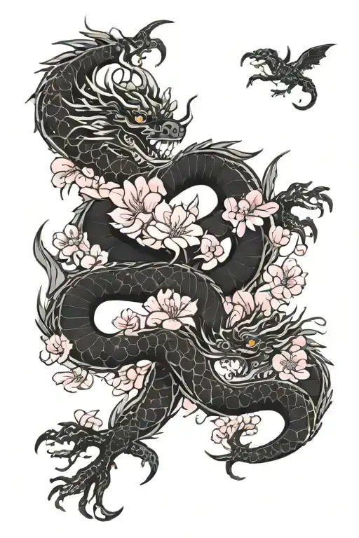 Black China Dragons Long And Pink Flowers Blooming
