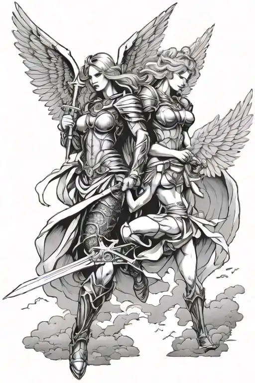 Angel Warrior And Valkyrie Together With Storm Clouds And City Scape