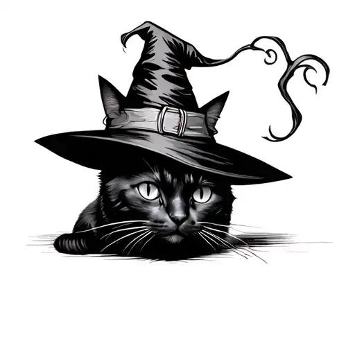 Simple Black Cat Wearing A Witch Hat