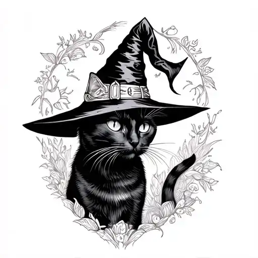 Black Cat Wearing A Witch Hat
