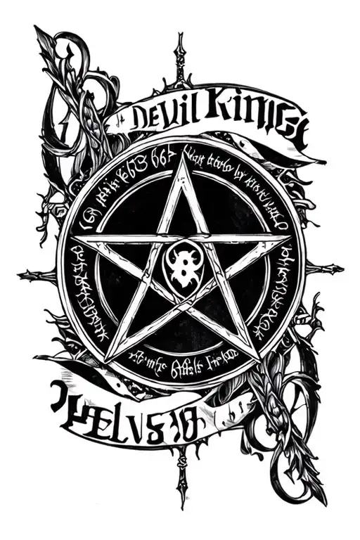 Lettering Deevil King 666 Pentagram Surrounded