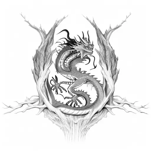 Dragon Perched On A Mythical Tree With Intricate Roots