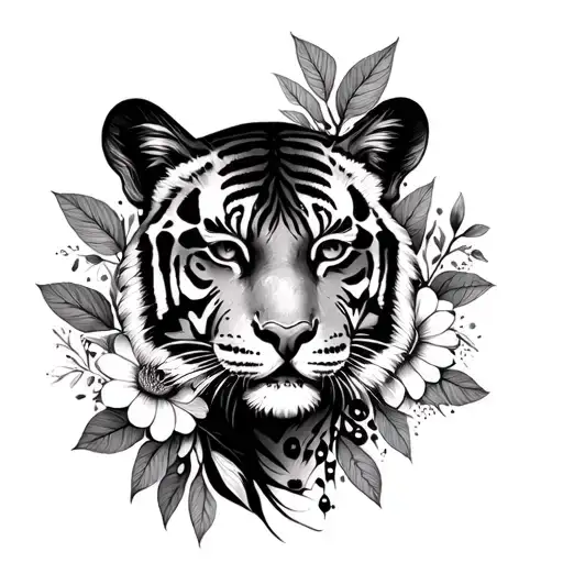 Female Face With Tiger Face With Spotted Flowers Personalized In The Background