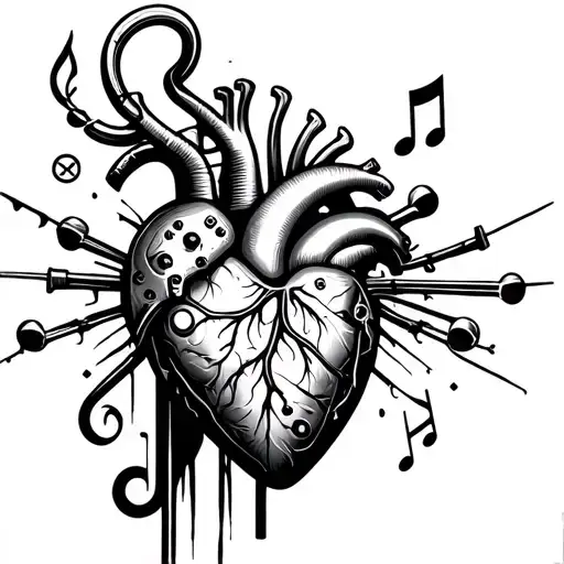 A Mechanical Heart With Musical Elements And Gaming Symbols Integrated Into The Design