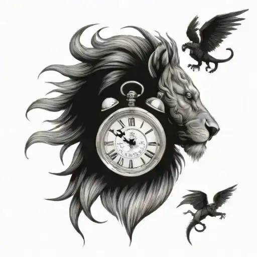 Clock On Zhe Neck Of Lion Head And Dragon Flying