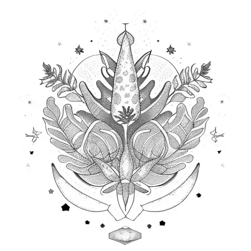 A Floral Arrangement With Fern-like Leaves Around And Aliens And Stars