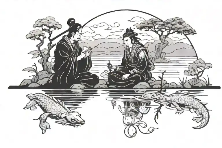 A Samurai Warrior Meditating By A Tranquil Lake Surrounded By Chameleons