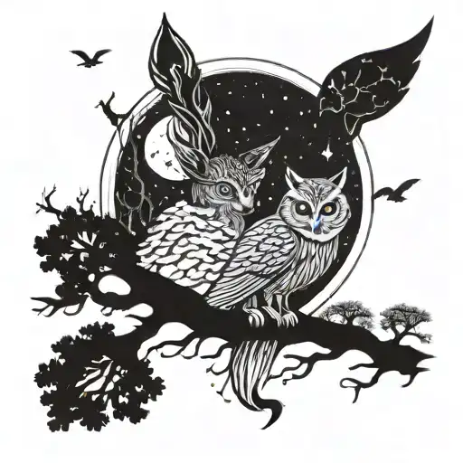 A Mystical Scene Of An Owl And Fox Under A Full Moon In A Forest At Night