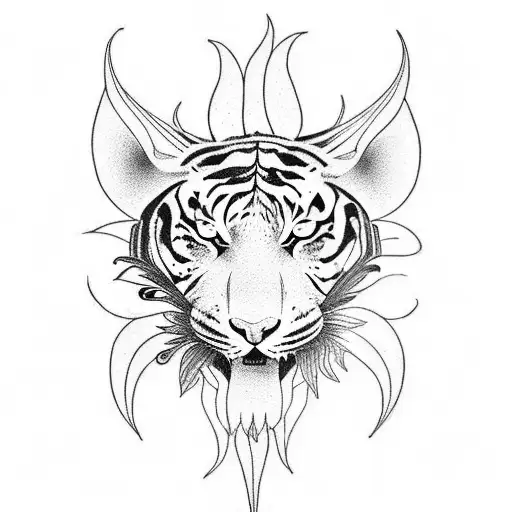 A Blackwork Tattoo Of A Tiger Lily Transforming Into A Phoenix