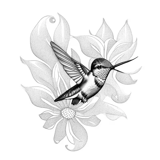 A Realistic Blackwork Tattoo Of A Hummingbird Surrounded By Blooming Flowers