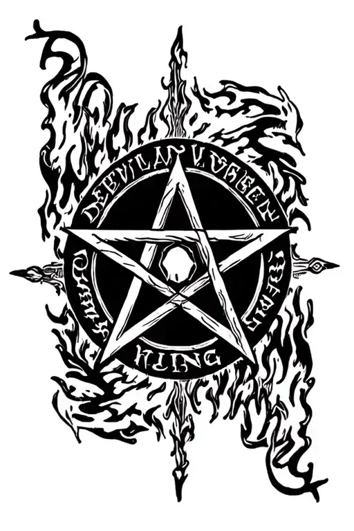 Lettering Deevil King 666 Pentagram Surrounded Fire