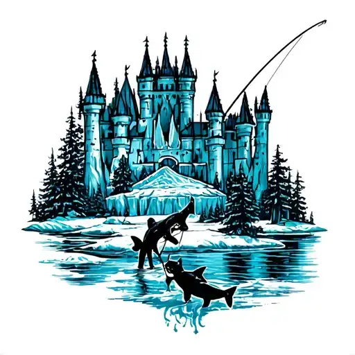 Ice Fishing Scene With A Majestic Ice Castle In The Background