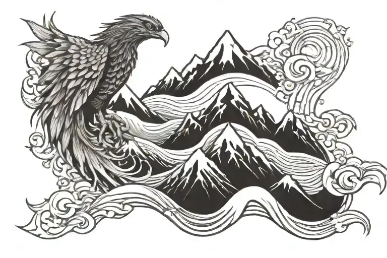 Phoenix Rising Over A Mountain Range With Waves Below
