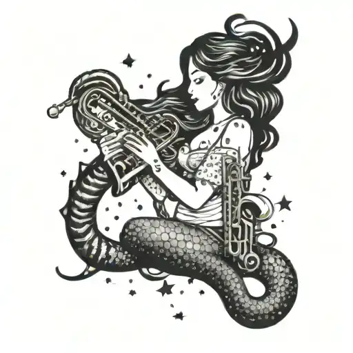 A Blackwork Tattoo Of A Mermaid Playing A Saxophone Under A Starry Night Sky