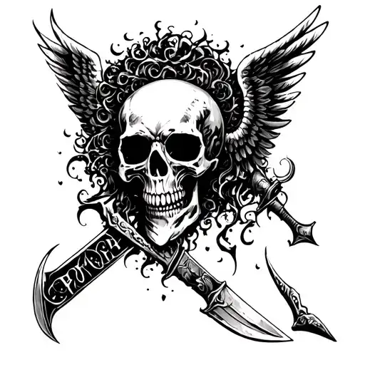 A Winged Skull With A Knife Through The Top Of Its Head