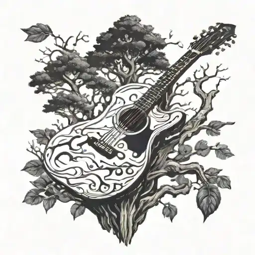 A Detailed Blackwork Tattoo Of A Guitar Growing Out Of A Tree Trunk In A Mystical Forest Setting