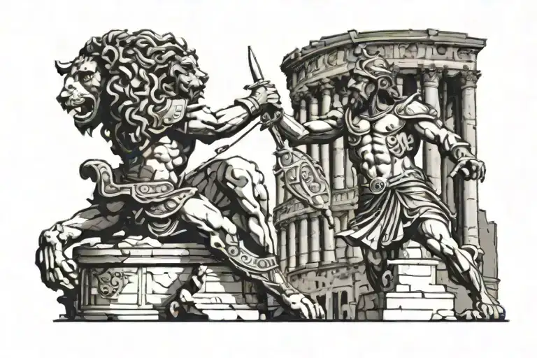 Ancient Roman Warrior Defeating Lion In Coloseum