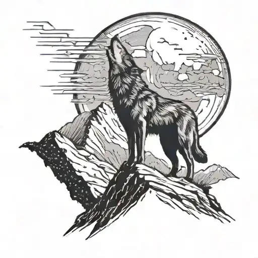 A Silhouette Of A Wolf Howling At The Moon While Standing On A Mountain Peak