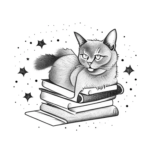 A Black Cat Sitting On A Stack Of Books With A Starry Sky As The Backdrop
