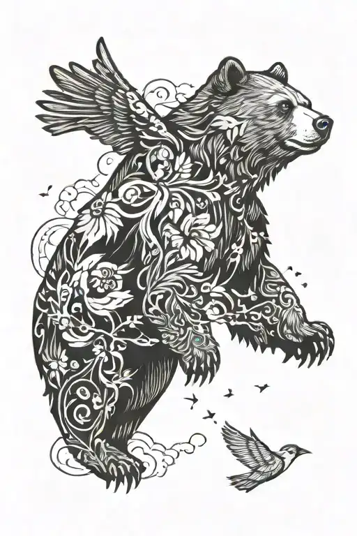 Bear And Bird Flying Away