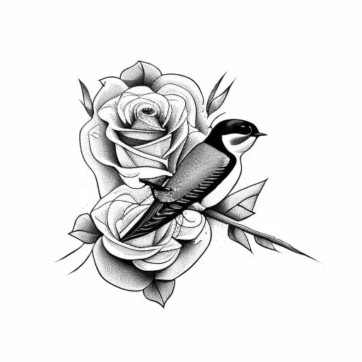 Old School Inspired Tattoo Of A Swallow With A Rose And A Message With Family Written Inside