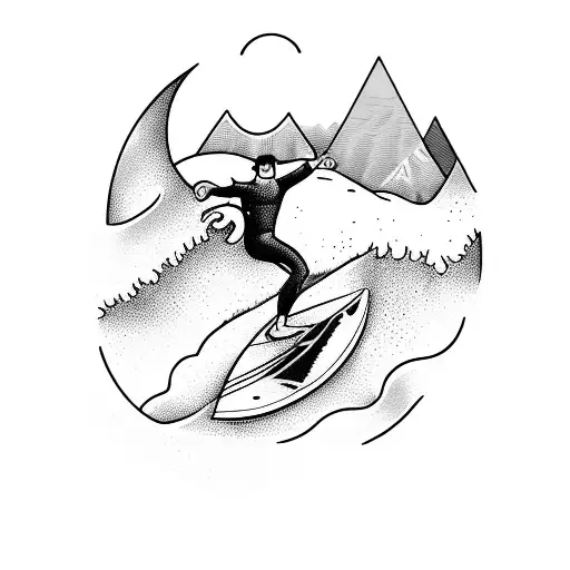A Surfer Riding A Wave With A Mountain Backdrop