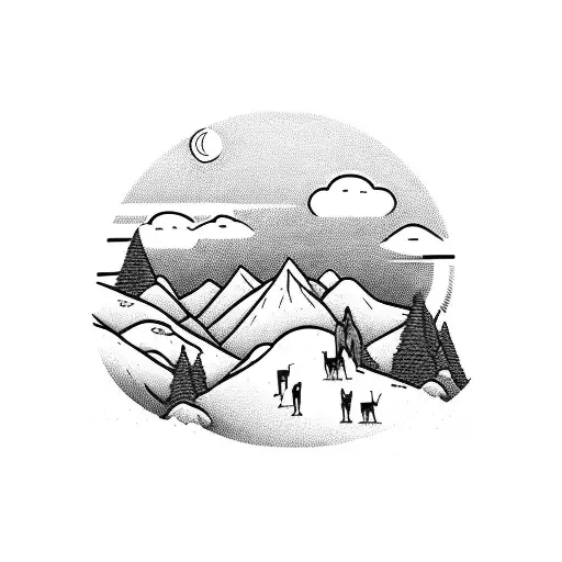 Moutain With Dogs And Sunset On Background