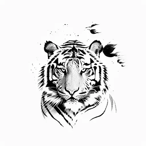 Asian Tiger Painting Style With Landscape