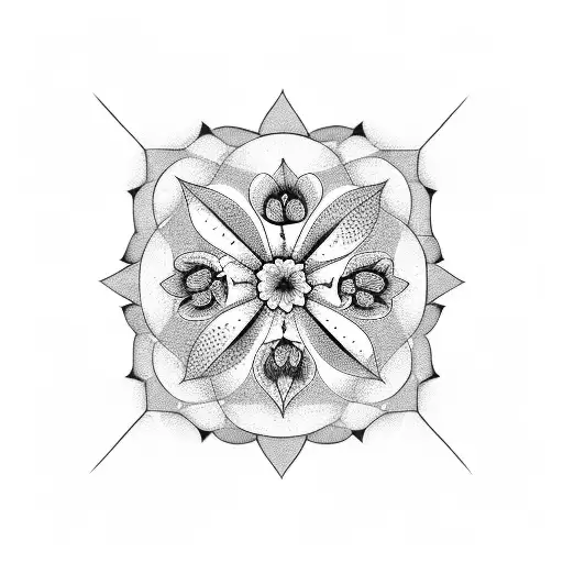 Cherry Flowers On Geometrical Black Background