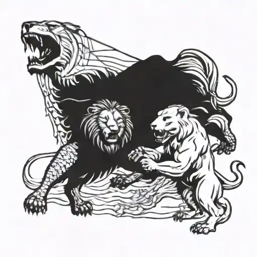 A Lion And A Bear Facing Off In A Historical Battle Scene