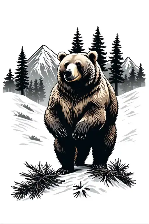 Grizzly Bear Standing With Pine Trees And Mountains