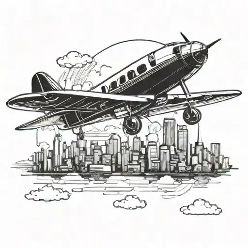 A Sleek Blackwork Design Of A Vintage Airplane Flying Over A City Skyline