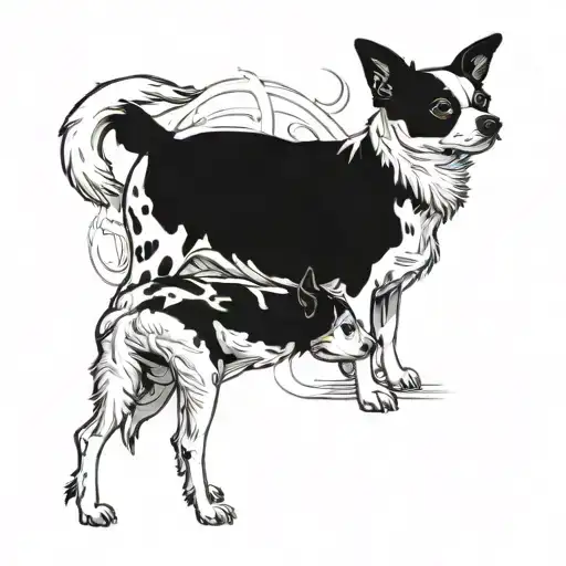 Cow Next To A Black And White Chihuahua Dog