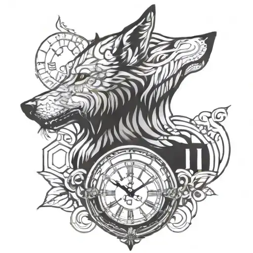 Wolf Head With Clock And Symmetrical Back Tattoo Design