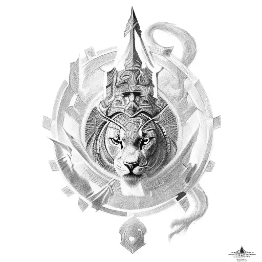 A Majestic Blackwork Tattoo Of A Warrior Goddess Riding A Chariot Pulled By Big Cats