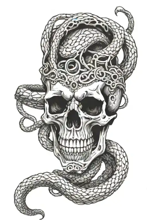Skull With Snak Wrapping Around With Coffin Nails Through Snakes Head