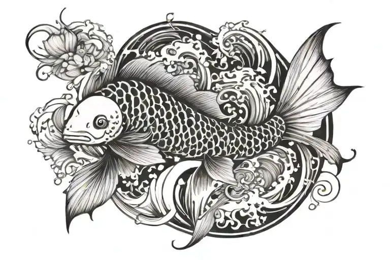 Koi Fish Around A Wave Crashing Waves A Fairy With Wings Is Targeting Them With A Magic Stick