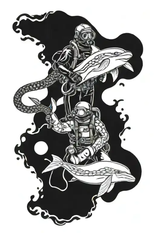 Diver With Dolphin And Octopus