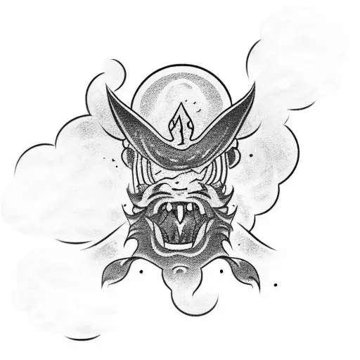 Oni With Smoke Blowing Out Of Mouth Stomach Tattoo Background With Japanese Clouds
