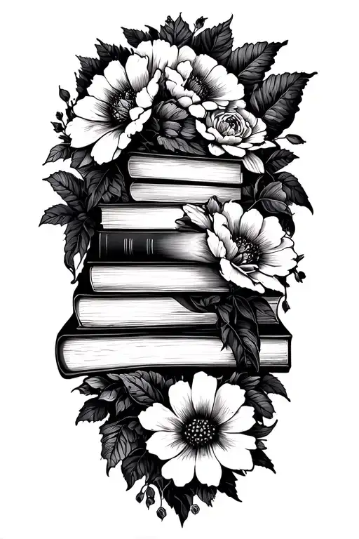 Stack Of Books Behind A Half Sleeve Of Flowers